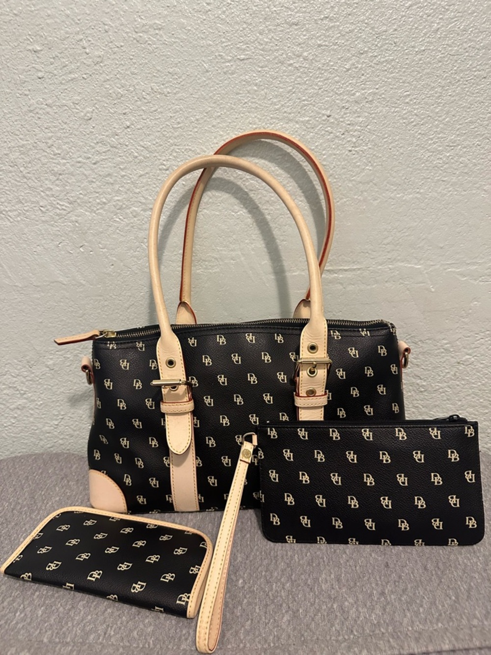 DOONEY & BOURKE BLACK and CREAN MONOGRAM SATCHEL SET